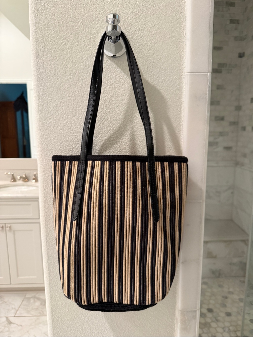 Zara Black and Cream Vertical-Strip Tote with separate insert pouch!
